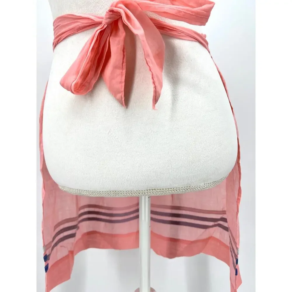 Vintage Kitchen Apron Handmade Coral with Blue Ribbon Trim
